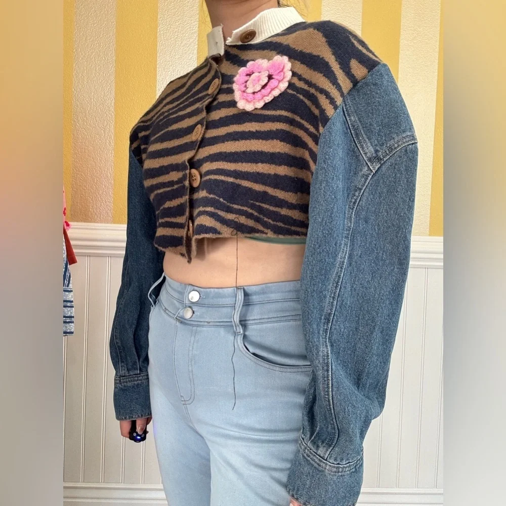 Striped Mix Fabric Denim Sleeve Jacket - Picture 4 of 6
